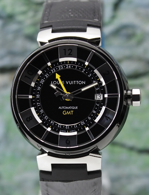 (image for) Like New Louis Vuitton Black Steel Tambour GMT Automatic Watch / Q113I0